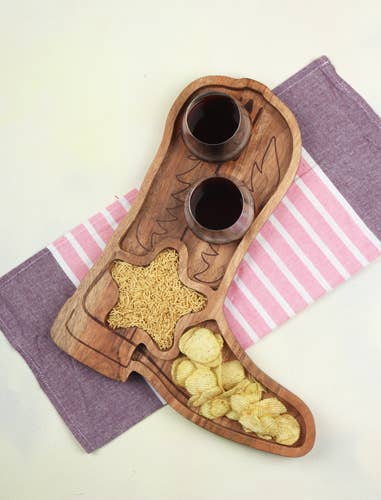 Acacia Wood Cowboy Boot Chip & Dip Platter #71473