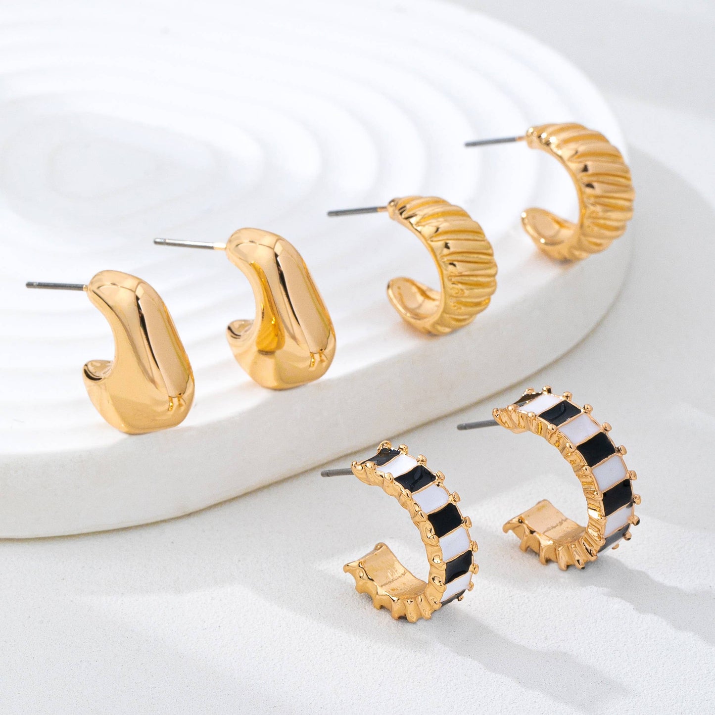 Checker Textured Huggie Hoop Trio Earrings