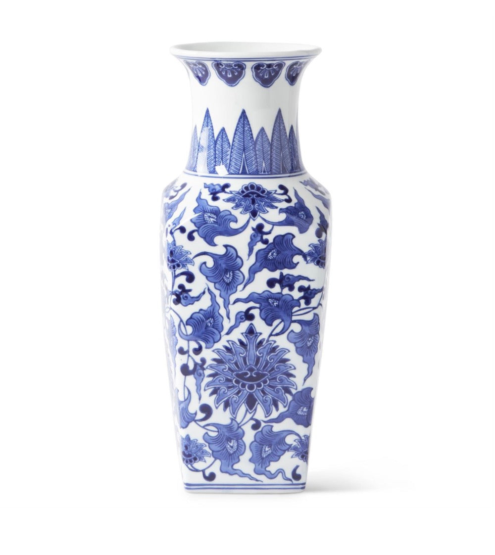 14 INCH CERAMIC BLUE & WHITE CHINOISERIE SQUARE VASE