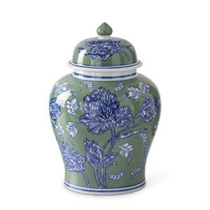 BLUE GREEN & WHITE FLORAL CERAMIC VASE WITH LID