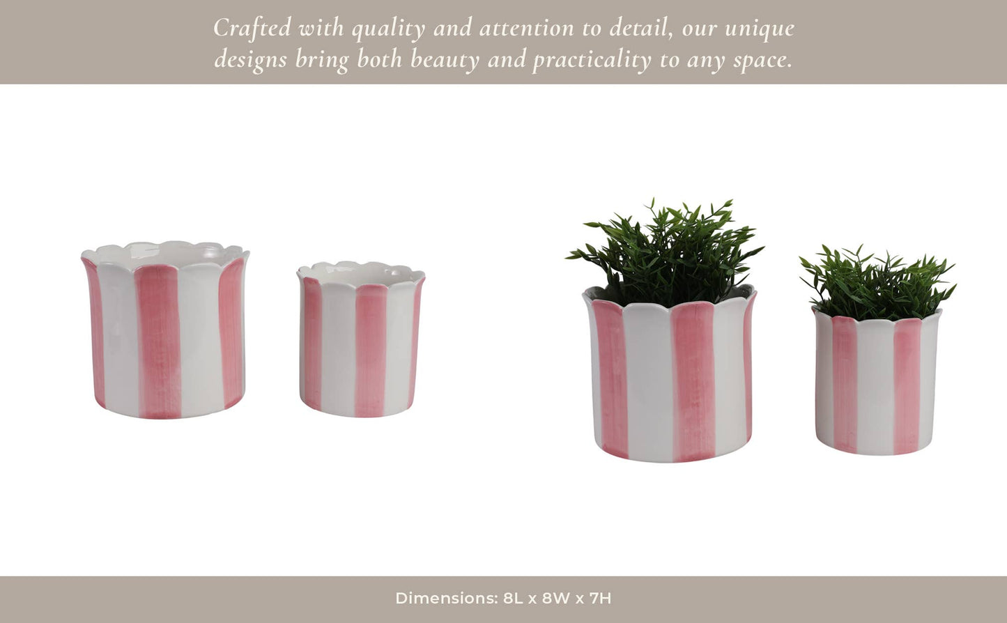 Planters- Pink Ceramic Striped Scallop, 6 & 8 in.