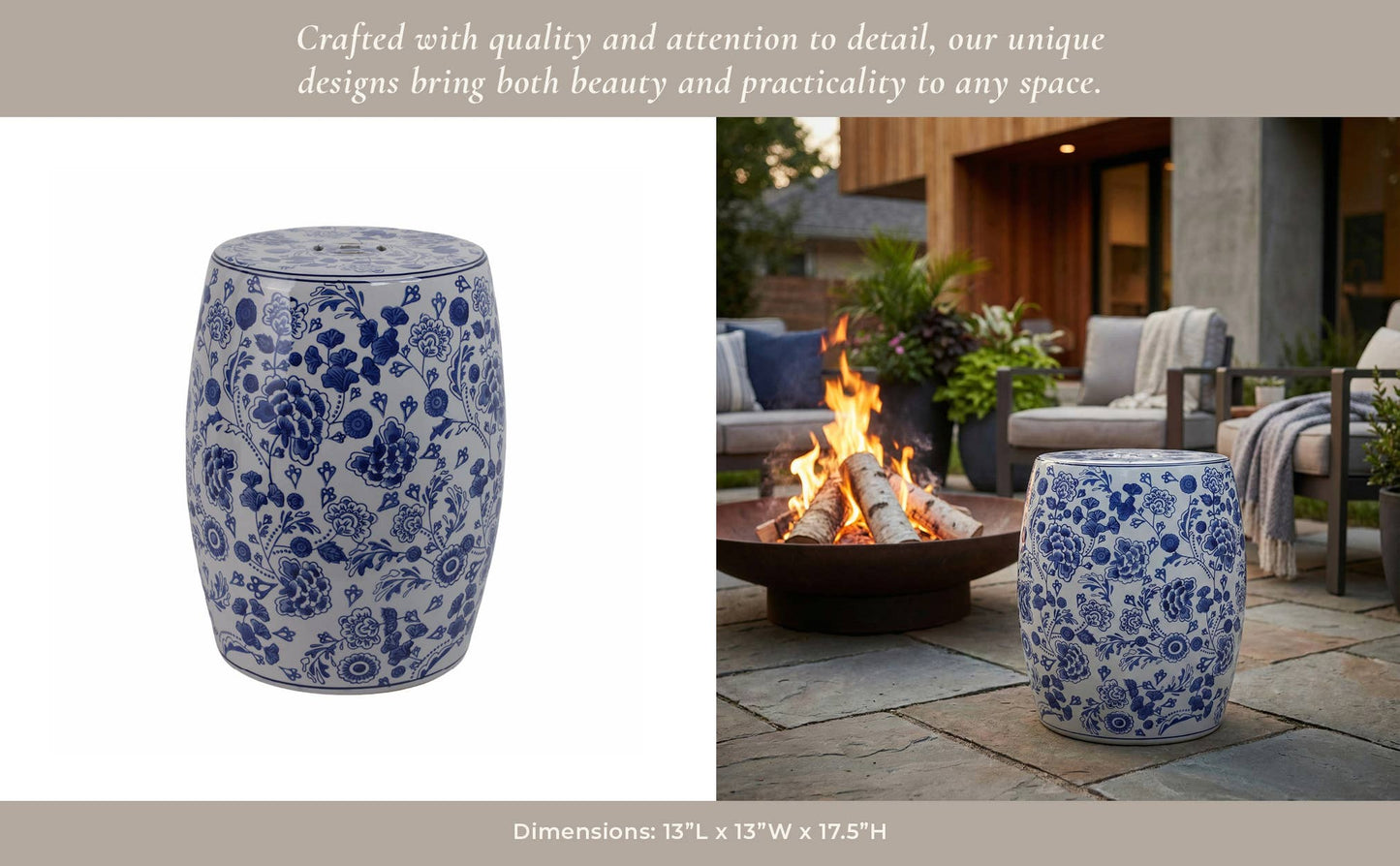 Stool - Blue Ceramic Elegant Hydrangea Chinoiserie, 18 in.