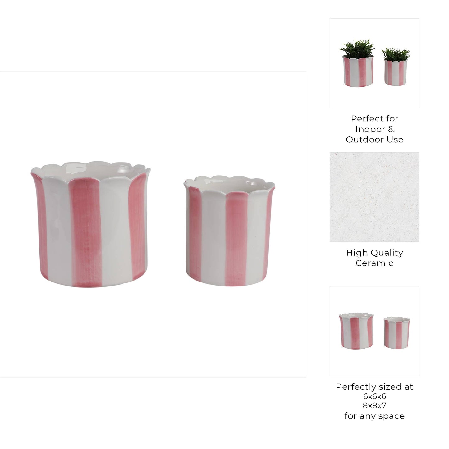 Planters- Pink Ceramic Striped Scallop, 6 & 8 in.
