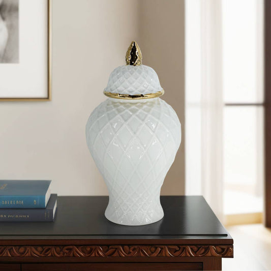 Ceramic Rope Lidded Decorative Temple Jar - White, 14 in.