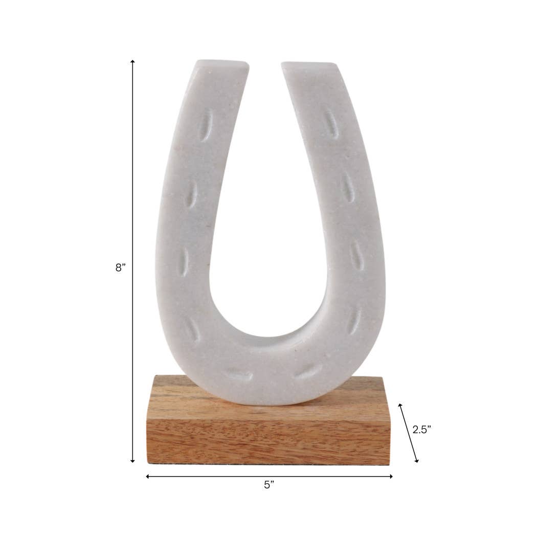 Figurine - White/Brown Marble Horseshoe on Wood Base, 8 in.