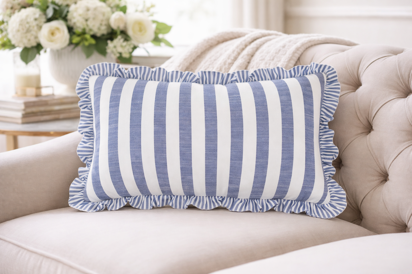 Navy Blue Double-Sided Striped Ruffle 12"X20" Throw Pillow