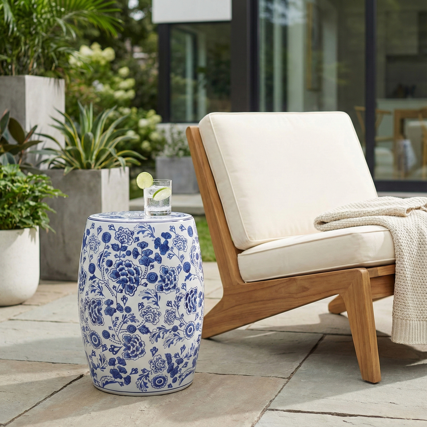 Stool - Blue Ceramic Elegant Hydrangea Chinoiserie, 18 in.