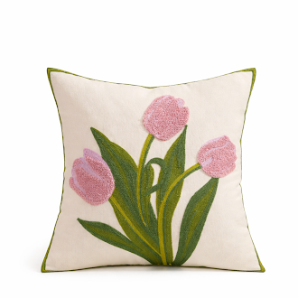 Embroidered Pink Tulip 18" Throw Pillow