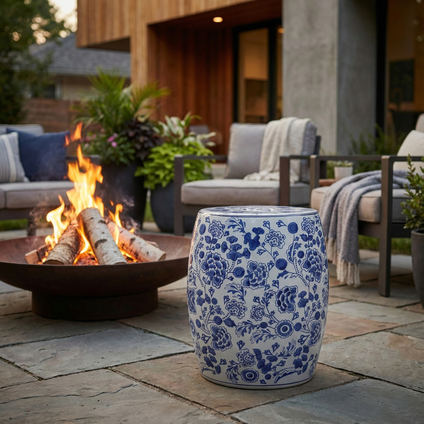Stool - Blue Ceramic Elegant Hydrangea Chinoiserie, 18 in.