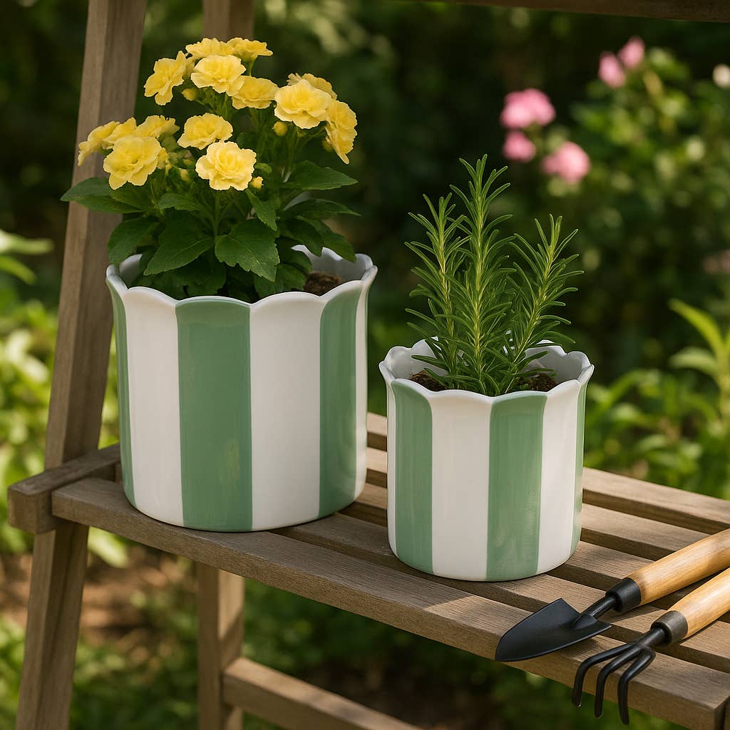 Planters - Green/White Ceramic Striped, 6/8 in.