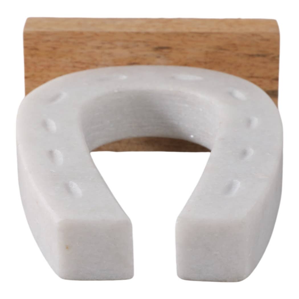 Figurine - White/Brown Marble Horseshoe on Wood Base, 8 in.