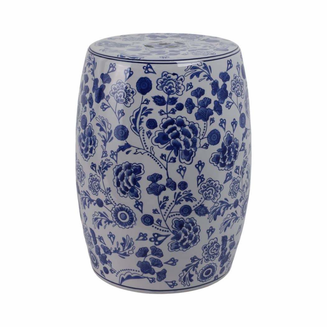 Stool - Blue Ceramic Elegant Hydrangea Chinoiserie, 18 in.