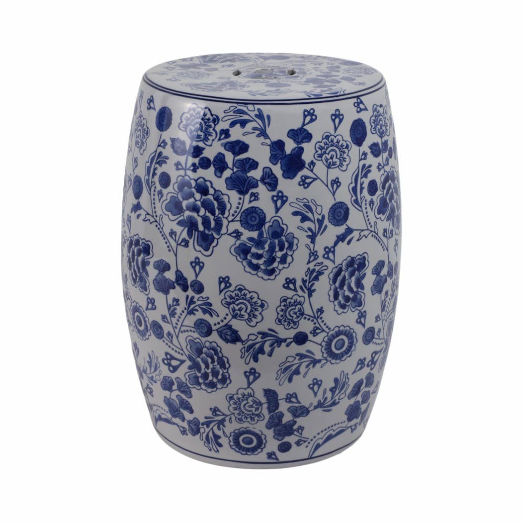 Stool - Blue Ceramic Elegant Hydrangea Chinoiserie, 18 in.