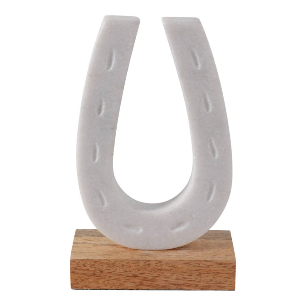 Figurine - White/Brown Marble Horseshoe on Wood Base, 8 in.