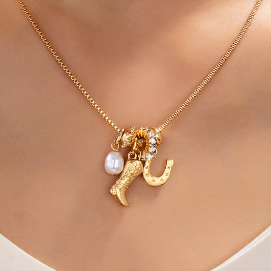 Western Boot Horseshoe Pearl Charm Necklace | 80N93161