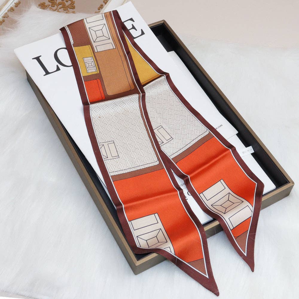 Print Narrow Long Satin Silk-Feel Scarf DP25G511
