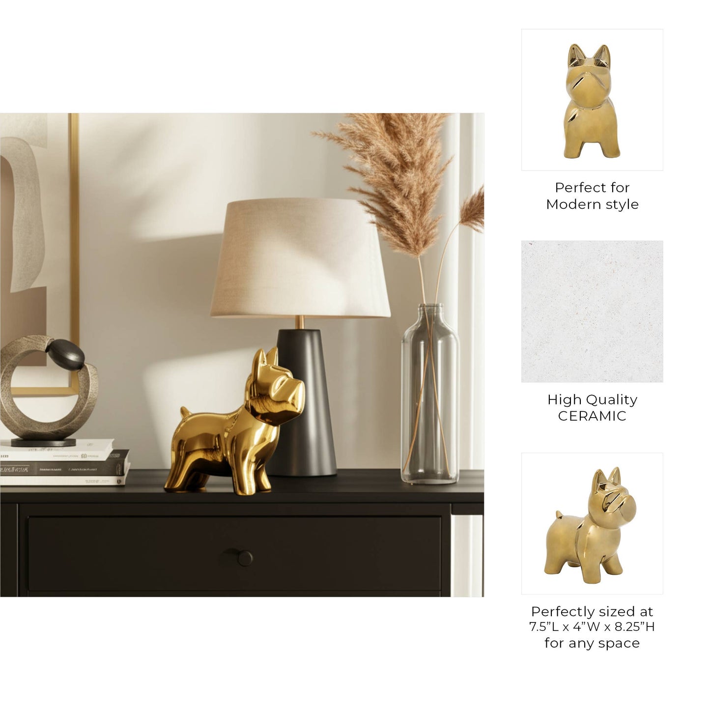 Decorative Figurine - Gold Ceramic Sculptural Dog, 8 in.