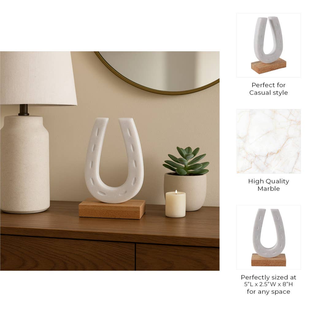 Figurine - White/Brown Marble Horseshoe on Wood Base, 8 in.