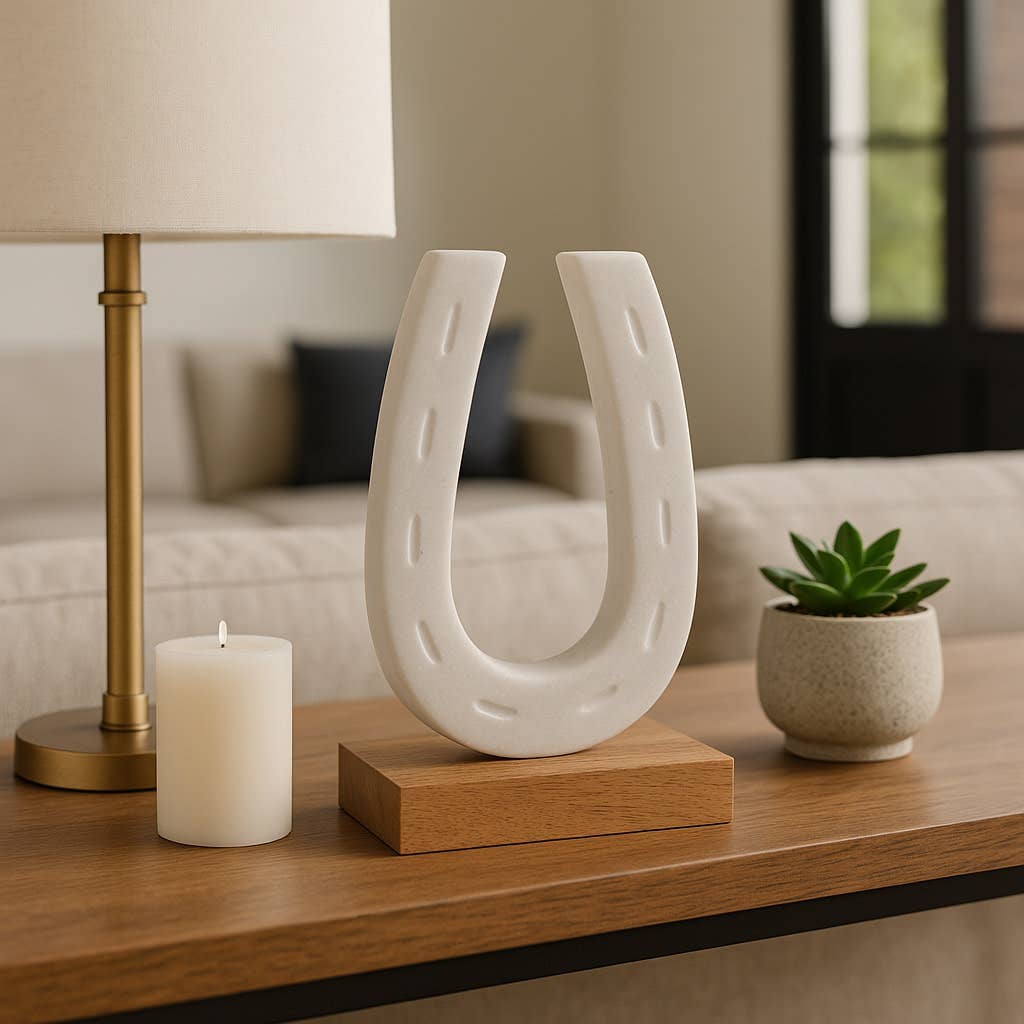 Figurine - White/Brown Marble Horseshoe on Wood Base, 8 in.