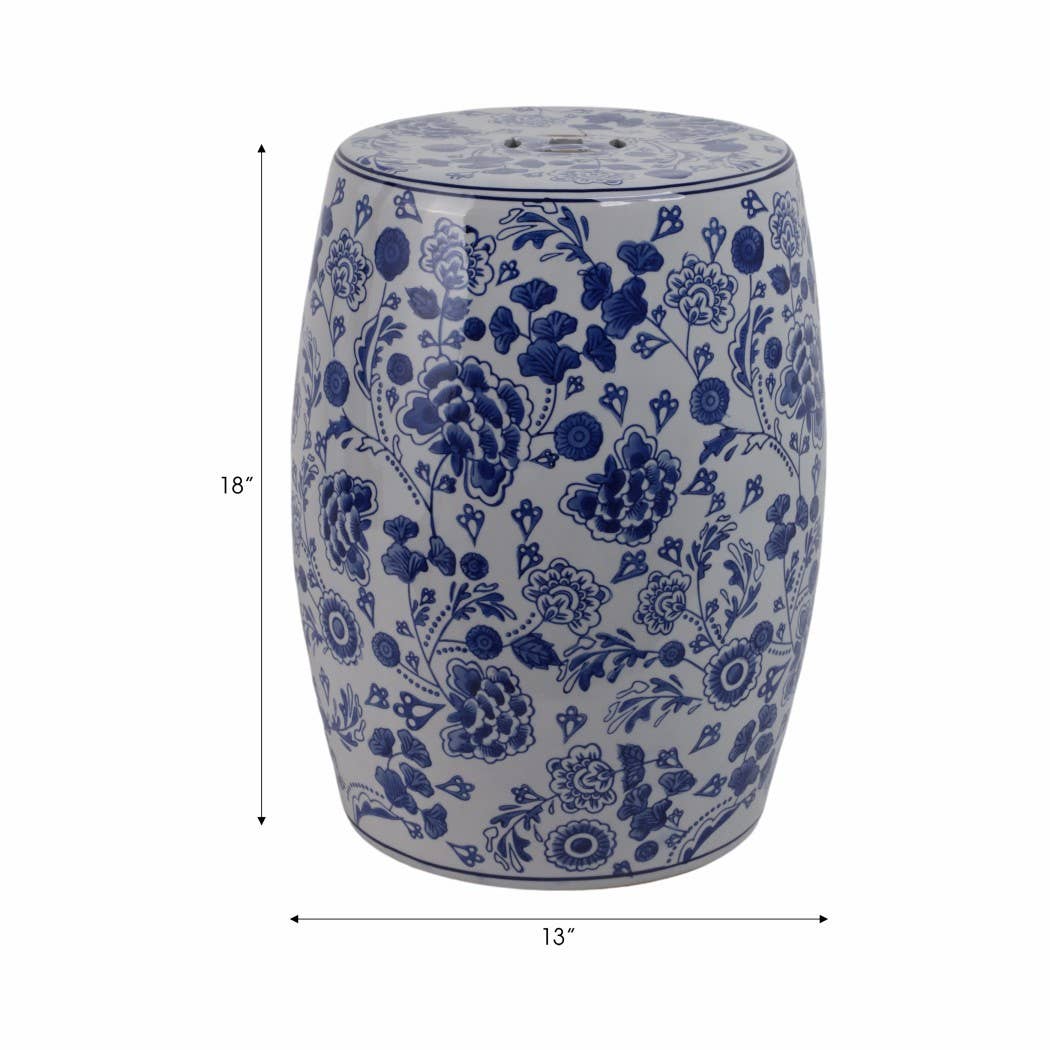 Stool - Blue Ceramic Elegant Hydrangea Chinoiserie, 18 in.