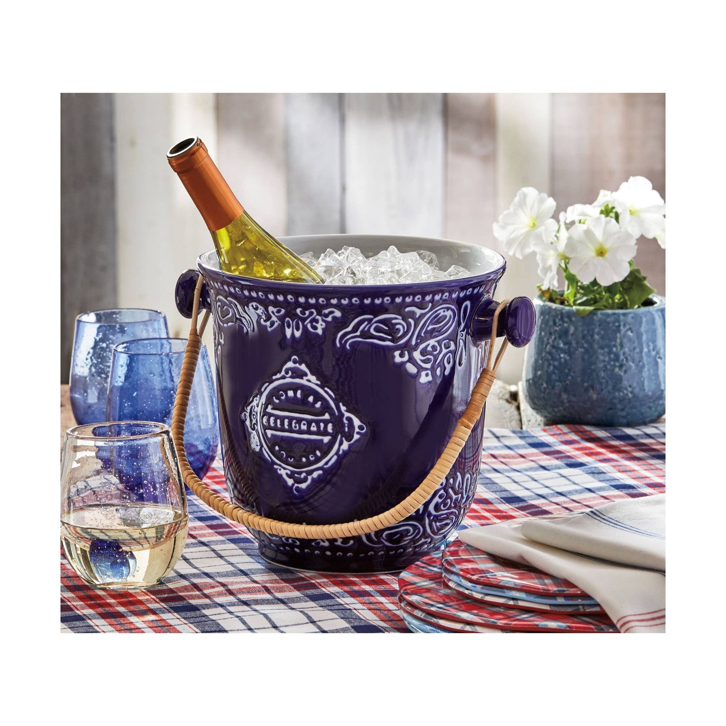 Celebrate Wine Bucket Blue Porcelain Summer