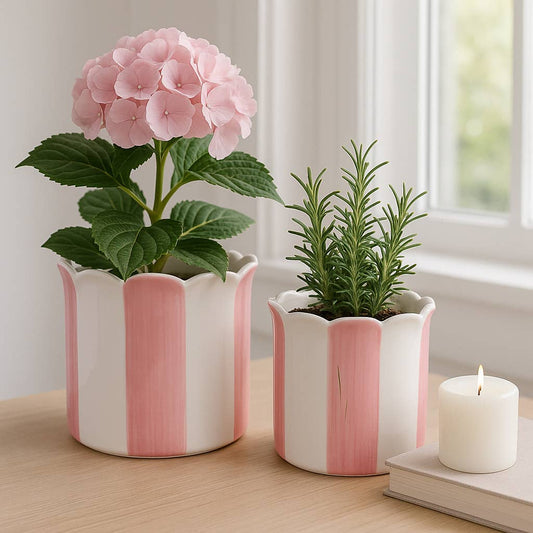 Planters- Pink Ceramic Striped Scallop, 6 & 8 in.
