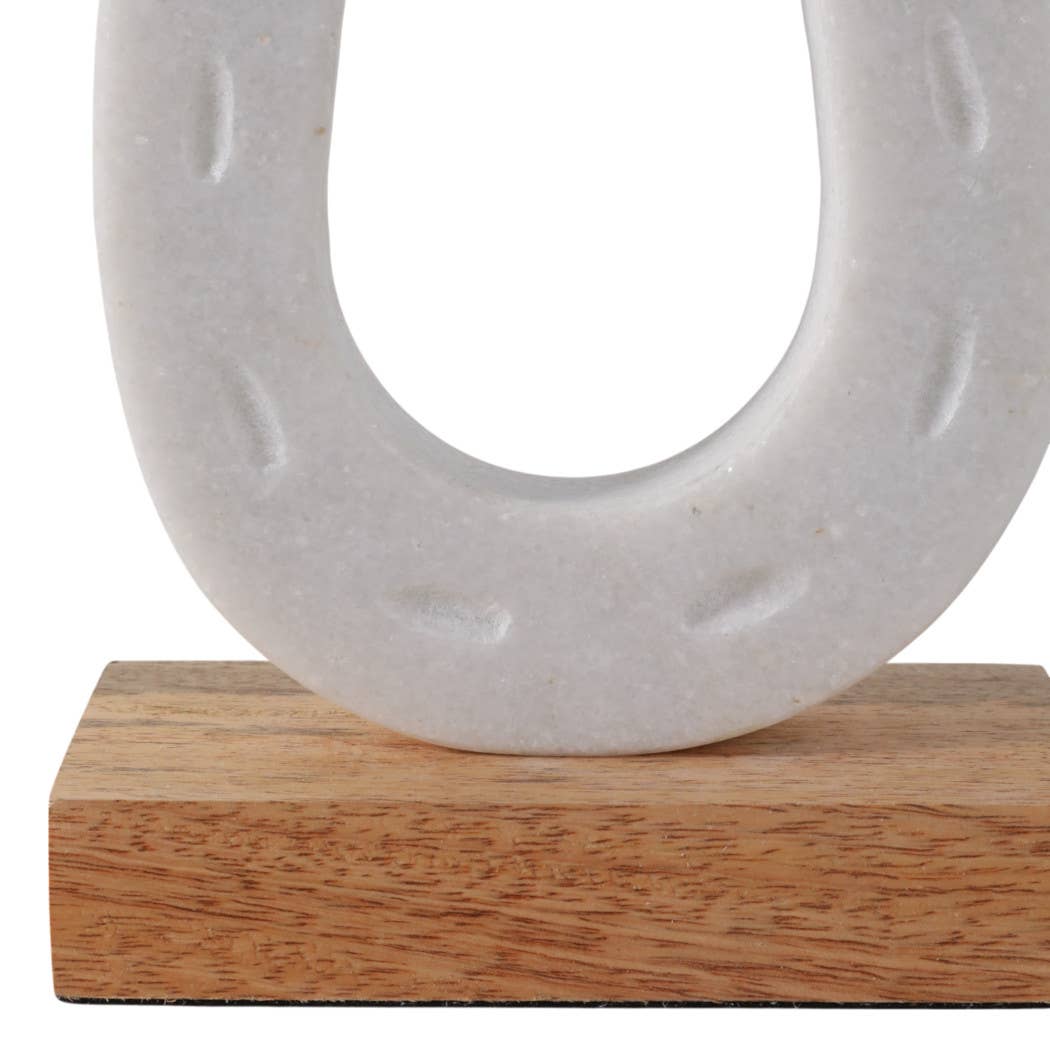 Figurine - White/Brown Marble Horseshoe on Wood Base, 8 in.