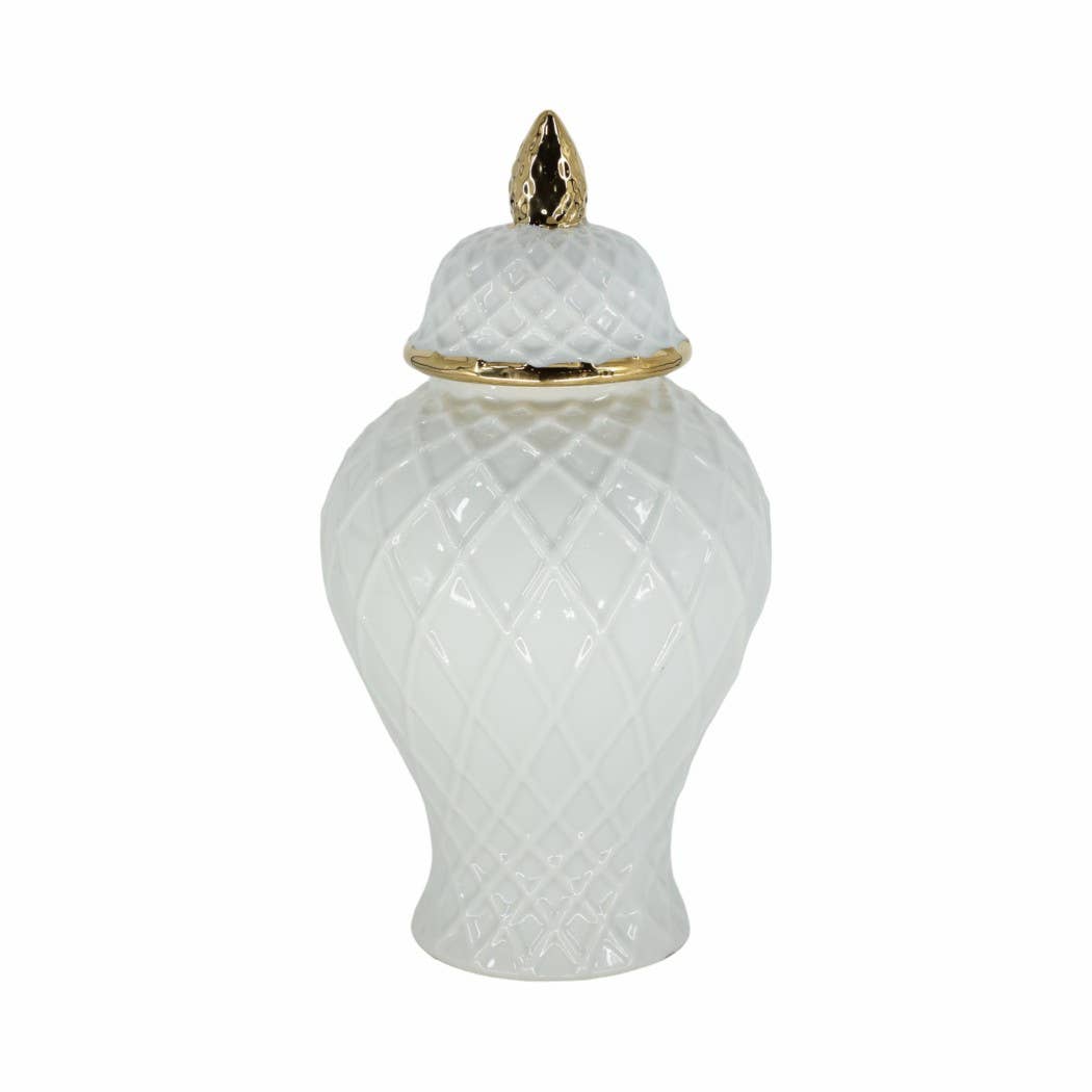 Ceramic Rope Lidded Decorative Temple Jar - White, 14 in.