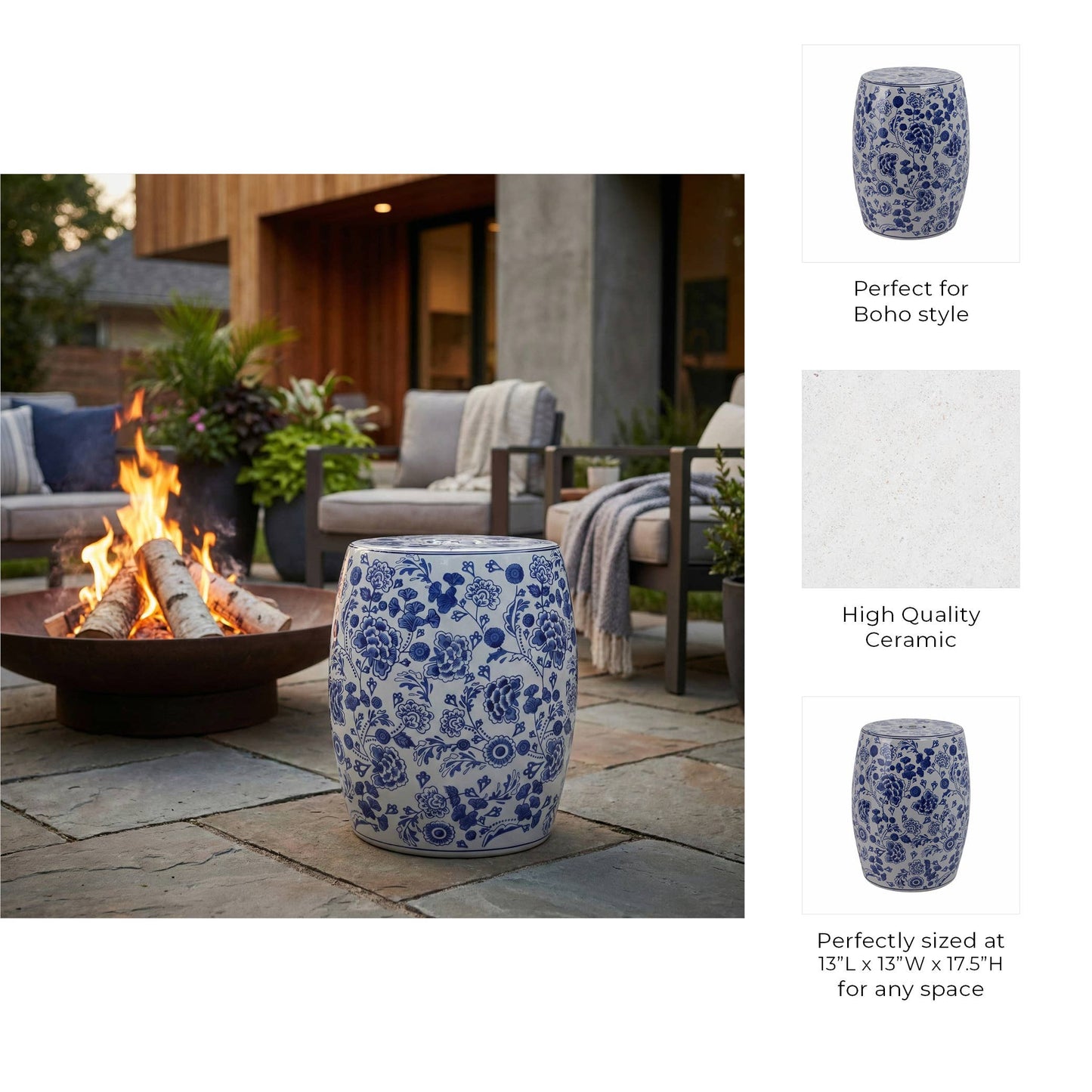 Stool - Blue Ceramic Elegant Hydrangea Chinoiserie, 18 in.