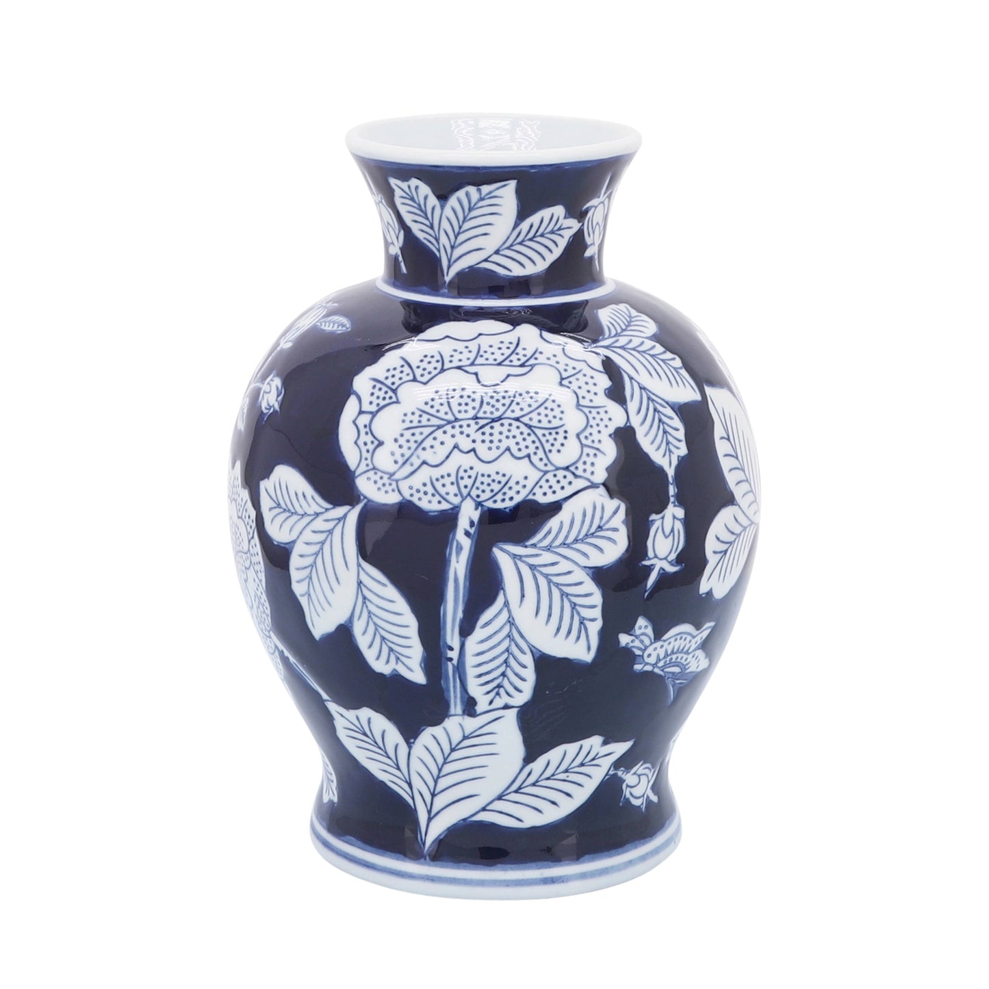 Decorative Vase - Blue Ceramic Floral Chinoiserie, 9 in.