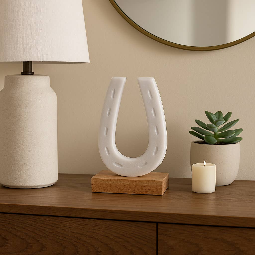 Figurine - White/Brown Marble Horseshoe on Wood Base, 8 in.