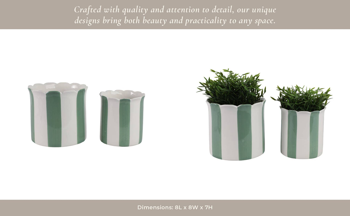 Planters - Green/White Ceramic Striped, 6/8 in.