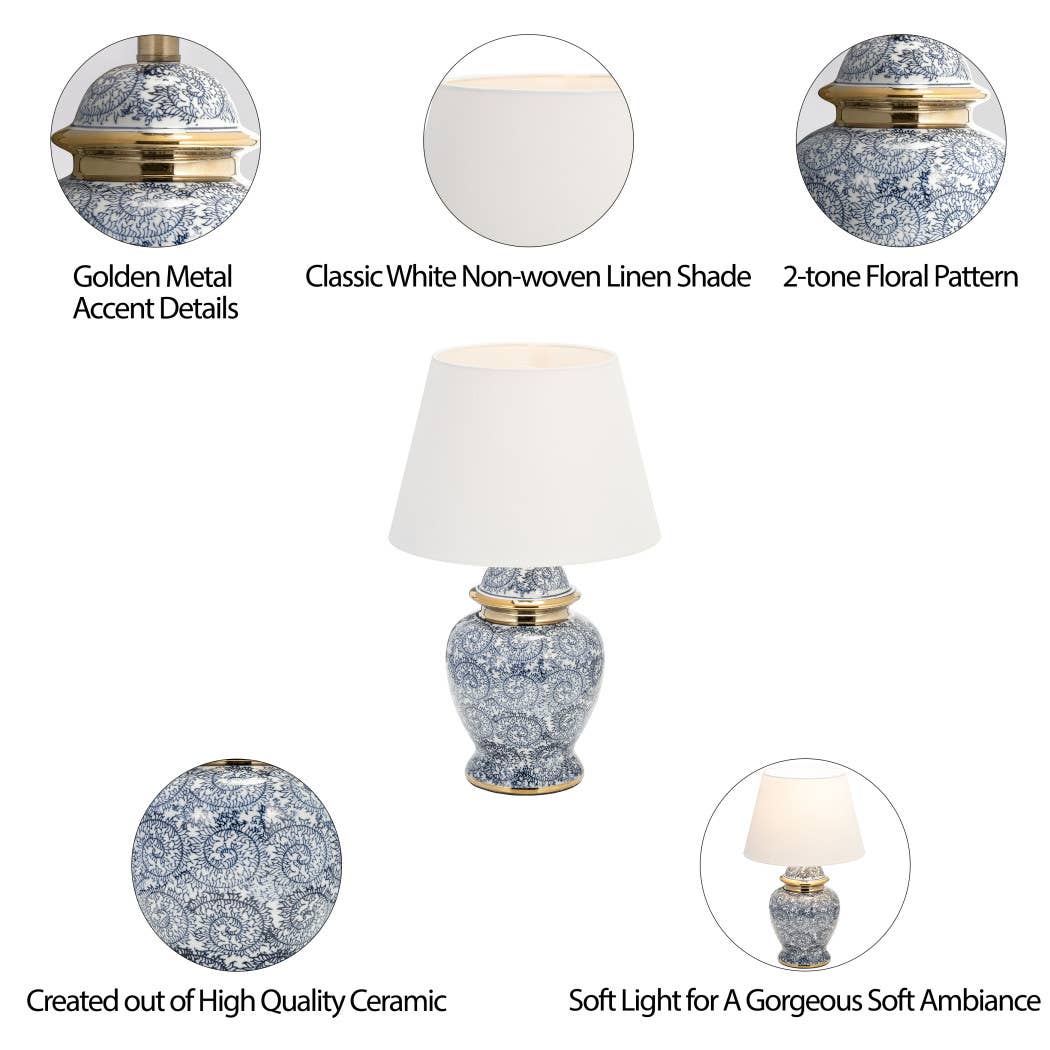 Table Lamp - Blue/Gold Ceramic Novelty Chinoiserie, 19 in.