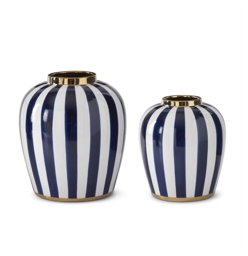 BLUE & WHITE VERTICAL STRIPED CERAMIC VASES W/GOLD RIMS