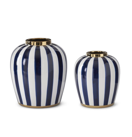 BLUE & WHITE VERTICAL STRIPED CERAMIC VASES W/GOLD RIMS