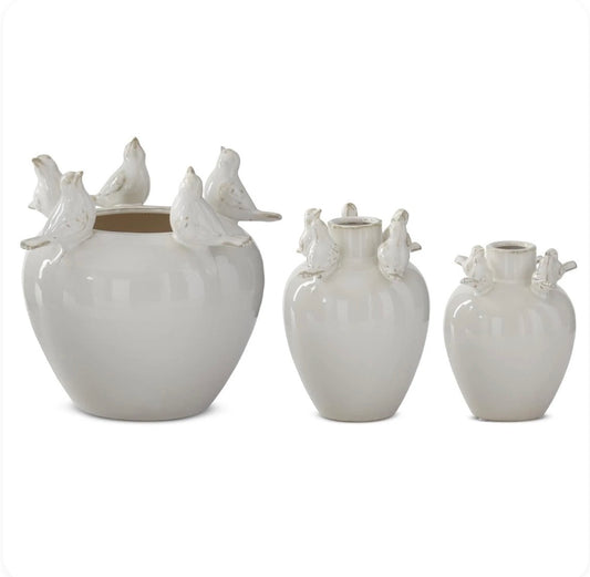 Cream Ceramic Bird Rim Vases
