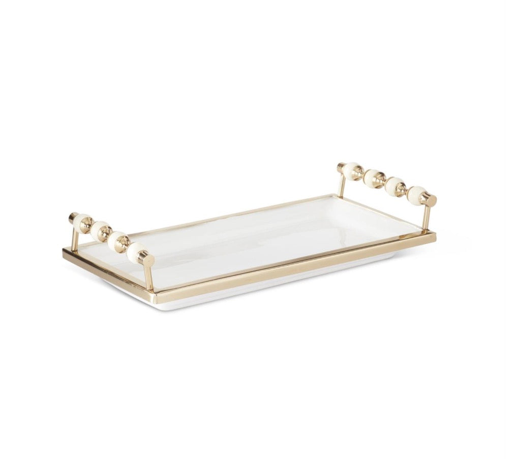 15.25 INCH RECTANGULAR WHITE CERAMIC TRAY W/BRASS RIM