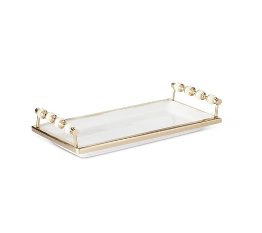 15.25 INCH RECTANGULAR WHITE CERAMIC TRAY W/BRASS RIM