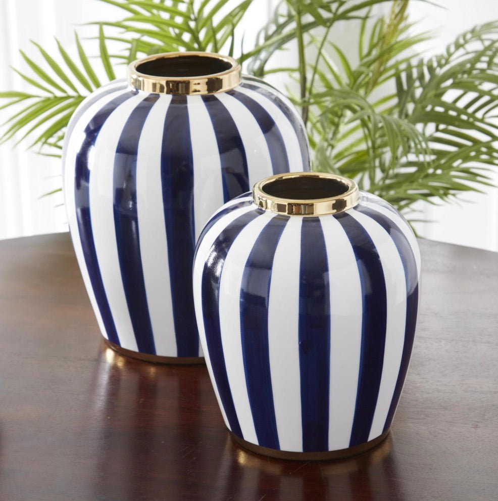 BLUE & WHITE VERTICAL STRIPED CERAMIC VASES W/GOLD RIMS