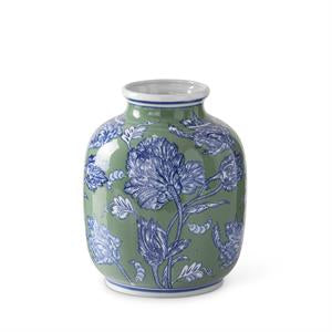 BLUE GREEN & WHITE FLORAL CERAMIC VASE