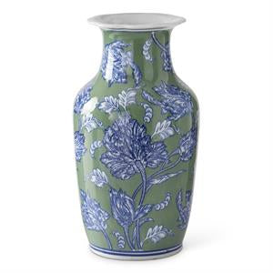 BLUE GREEN & WHITE FLORAL CERAMIC VASE TALL