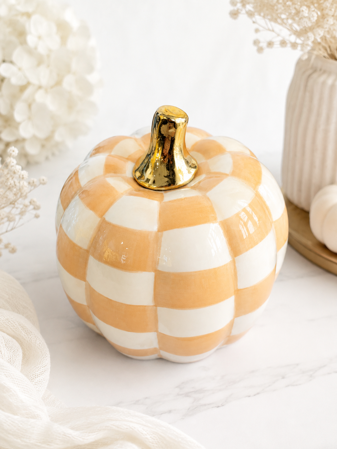 Golden Gingham Ceramic Pumpkins