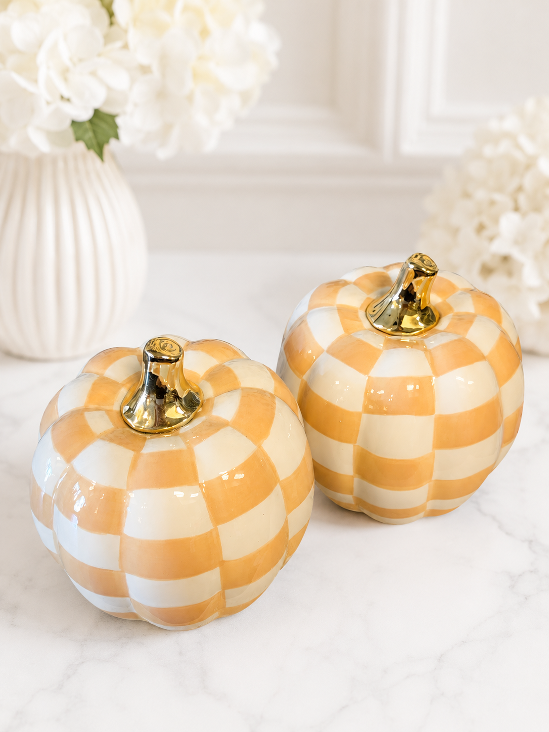 Golden Gingham Ceramic Pumpkins