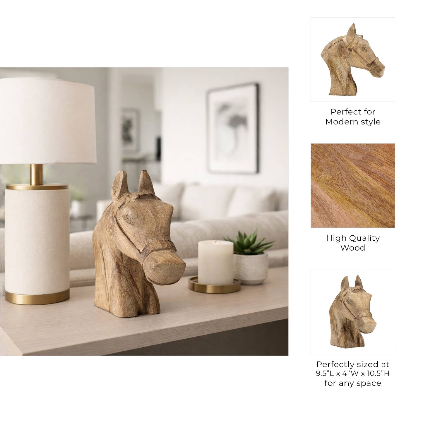 Figurine - Brown Wood Modern Handcrafted Horse Head, 11 in.