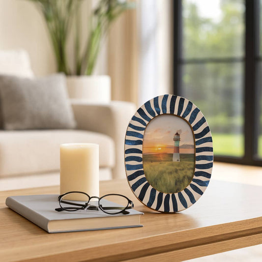 4 in. x 6 in. Blue/White Wood with Inlay Pieces Photo Frame
