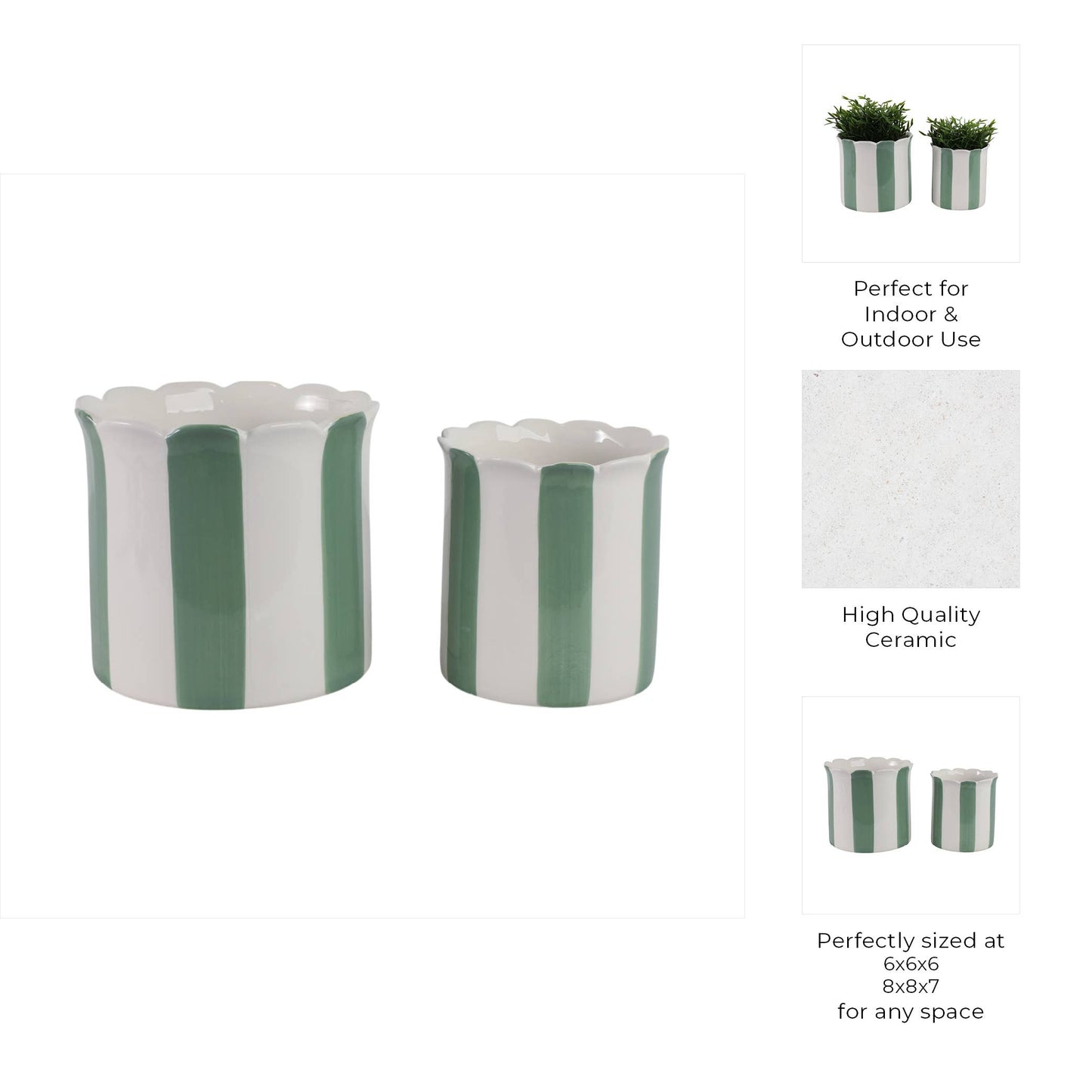 Planters - Green/White Ceramic Striped, 6/8 in.