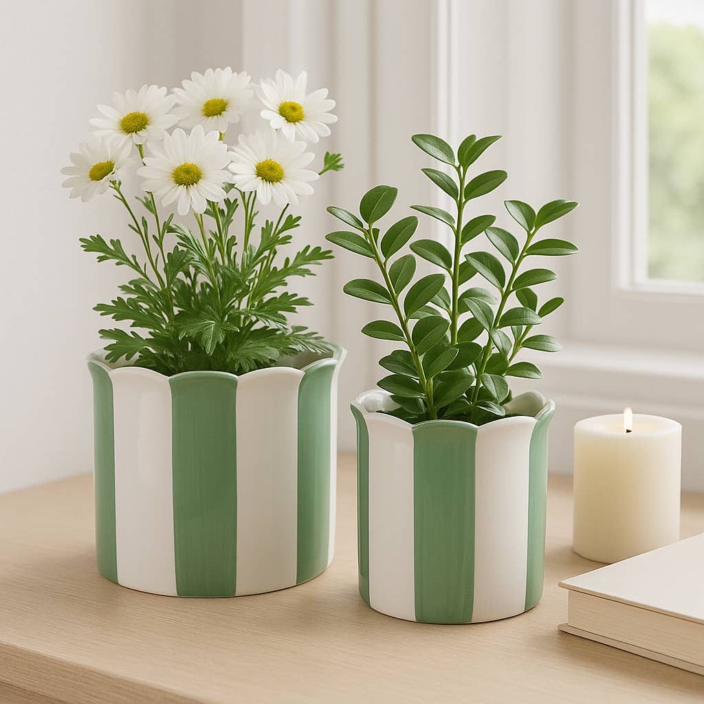 Planters - Green/White Ceramic Striped, 6/8 in.