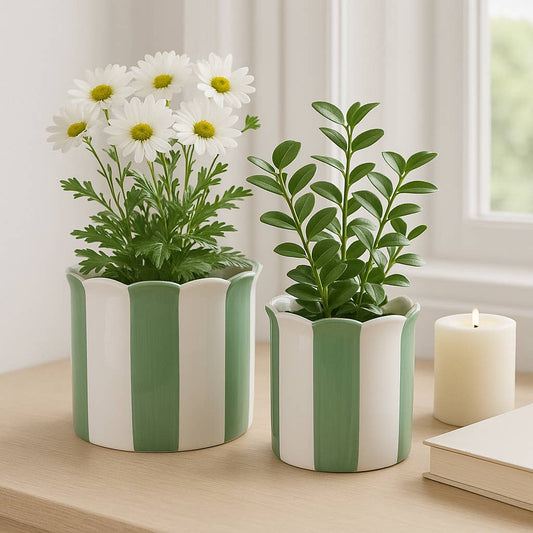 Planters - Green/White Ceramic Striped, 6/8 in.