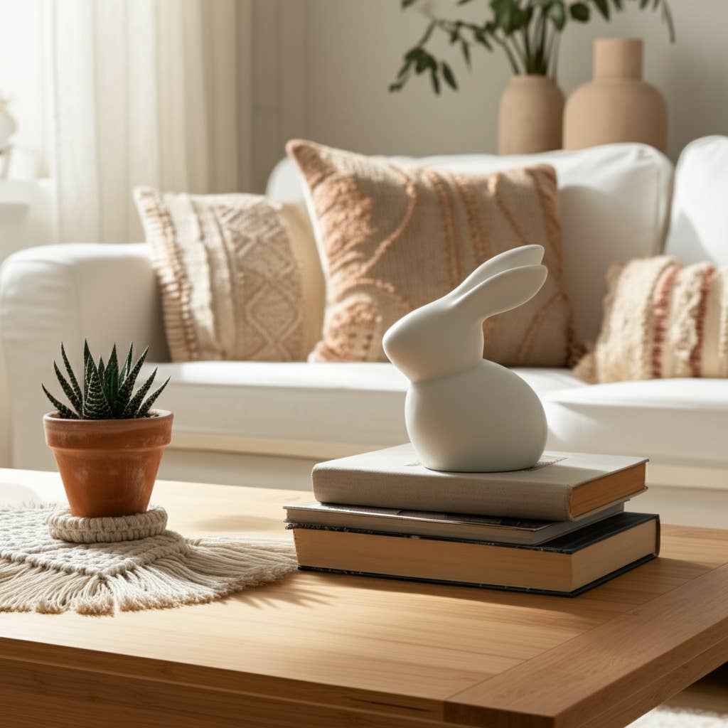 Decorative Figurine - White Ceramic Smooth Bunny, 7 in.