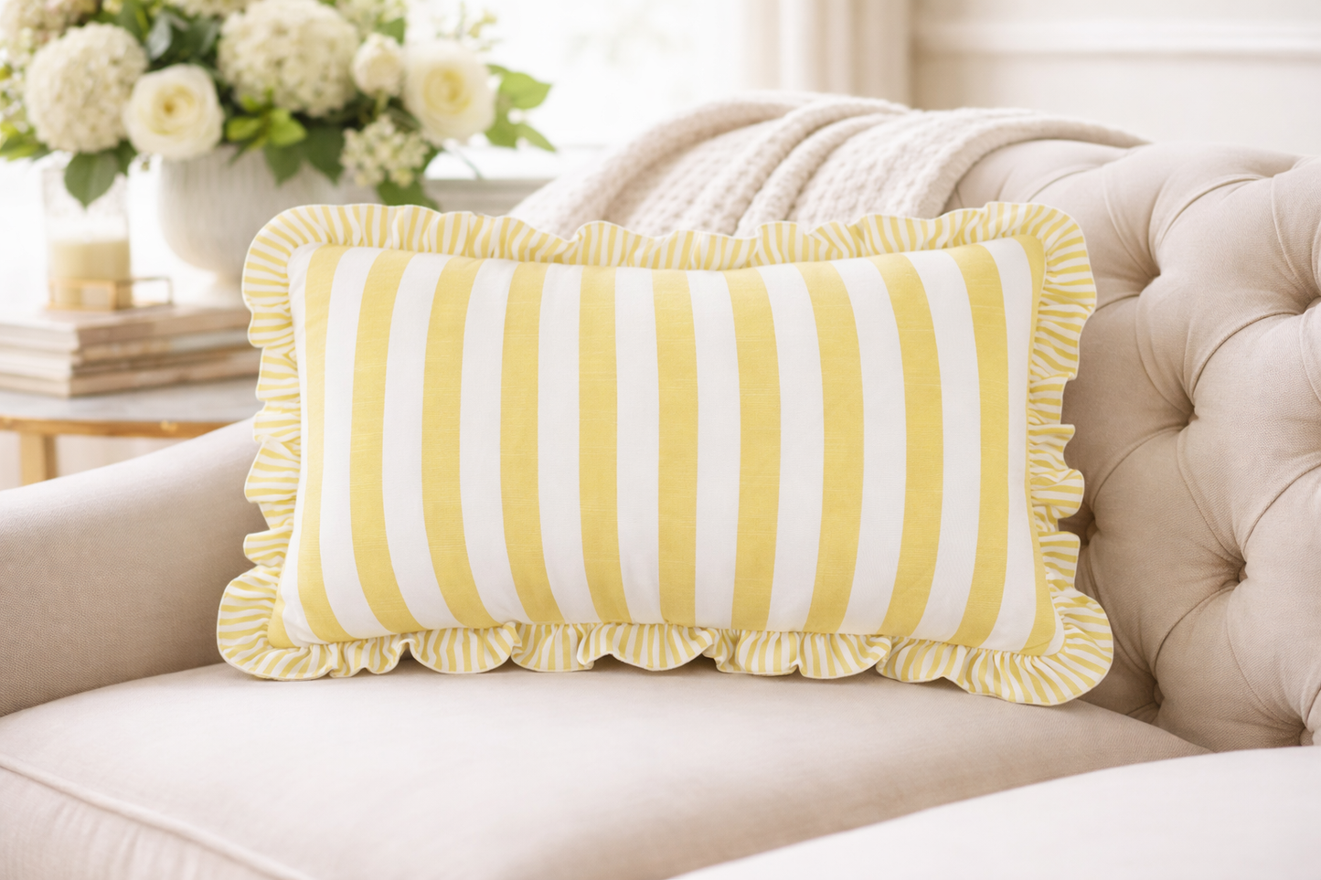 Yellow Double-Sided Striped Ruffle 12"X20" Throw Pillow